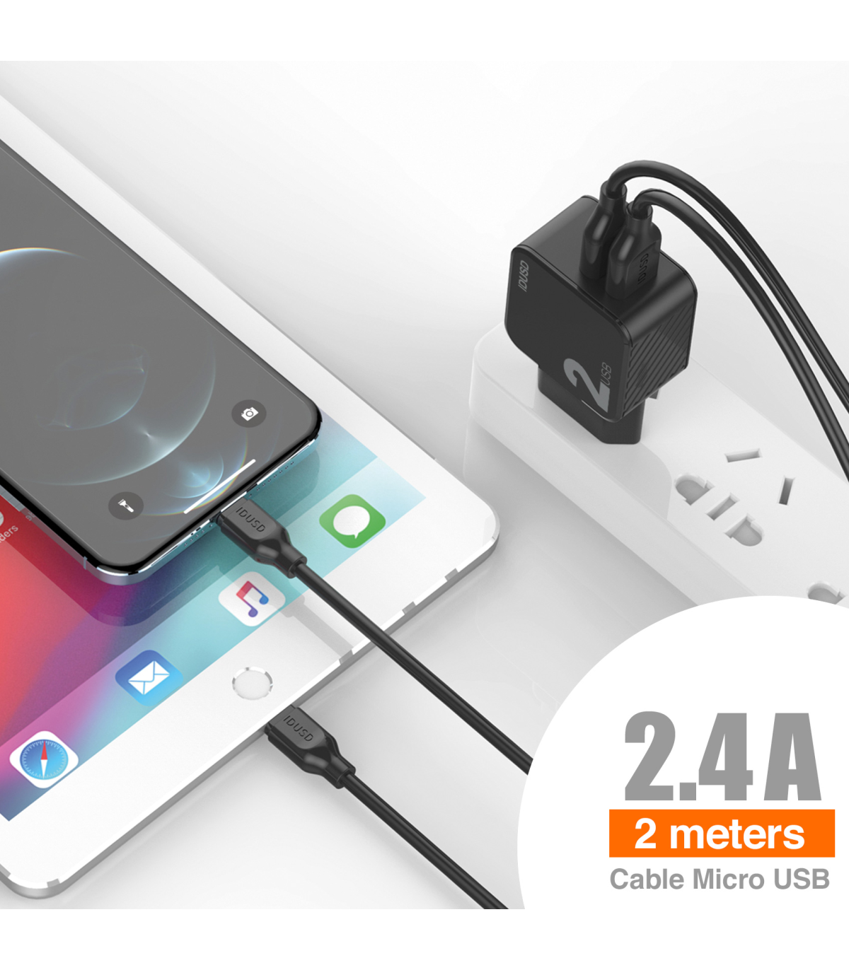 Smart Charger 2USB 2.4A + Cable Micro 2Metros - D81A