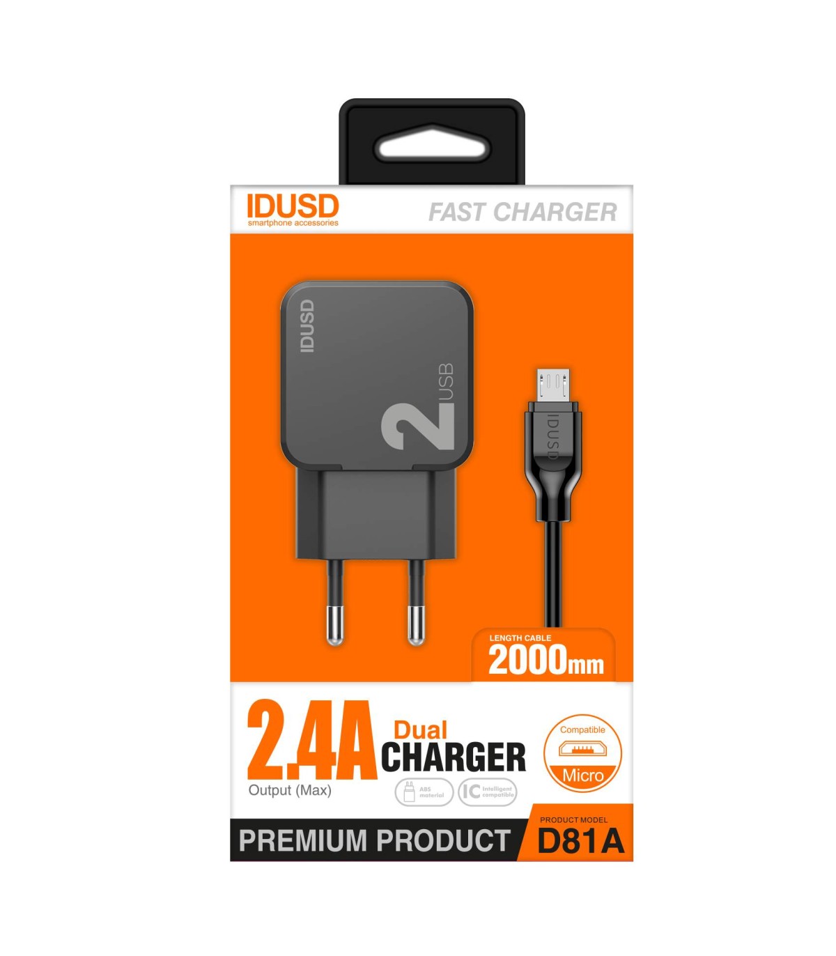 Smart Charger 2USB 2.4A + Cable Micro 2Metros - D81A