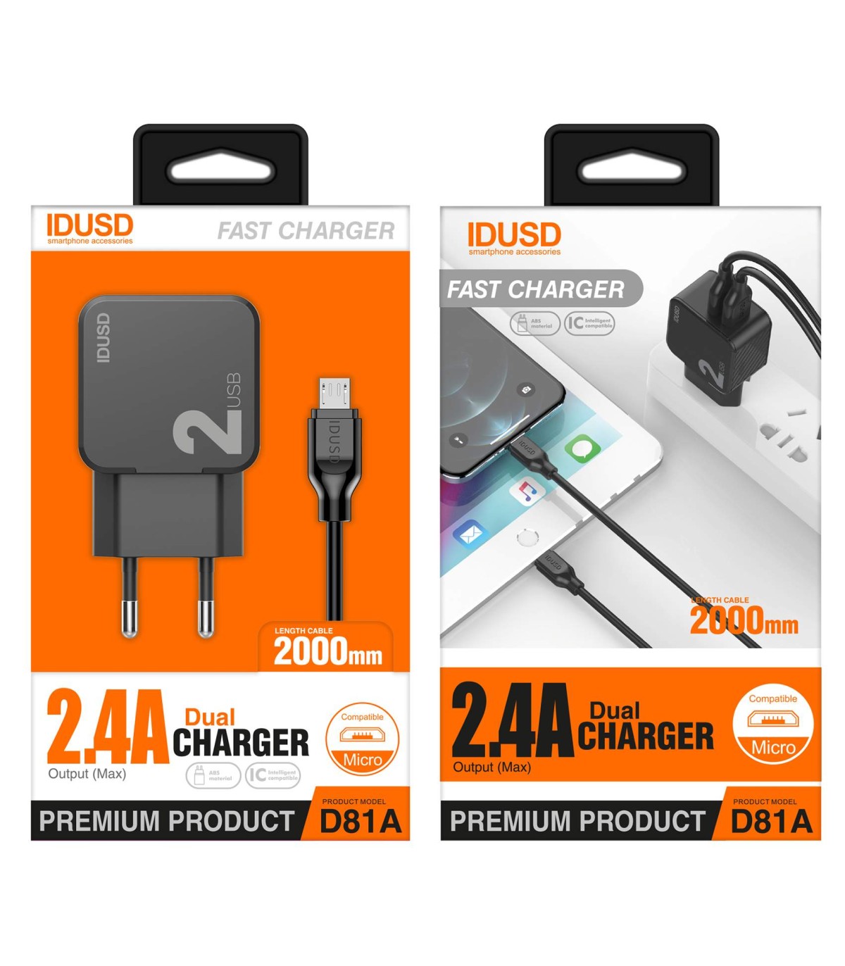 Smart Charger 2USB 2.4A + Cable Micro 2Metros - D81A